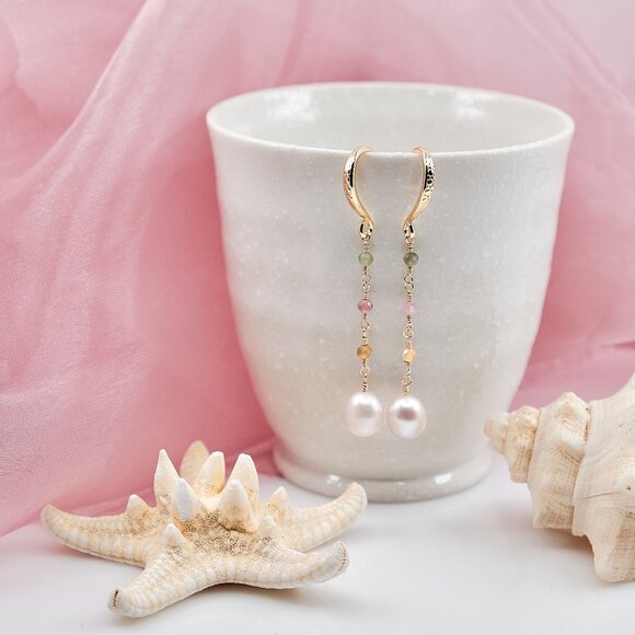 Pearl & Tourmaline Dangle Earrings, 14K Gold Filled Hammered French Hooks - Picture 7 of 9